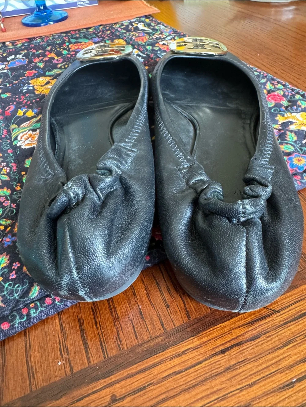 Tory Burch Leather Flat Black Ballet Shoe Women Size 9 M Made In Brazil Gold